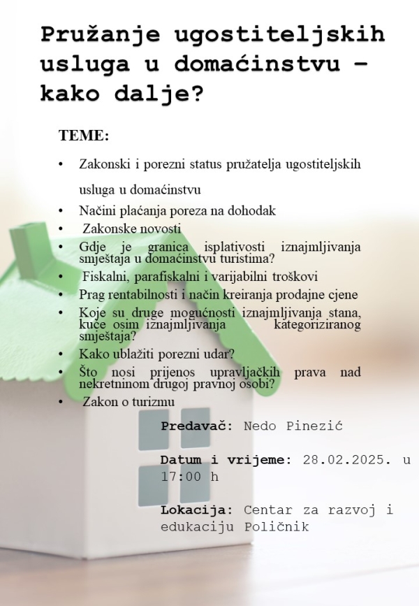 Obavijest o održavanju besplatnog predavanja za sve pružatelje ugostiteljskih usluga u domaćinstvu